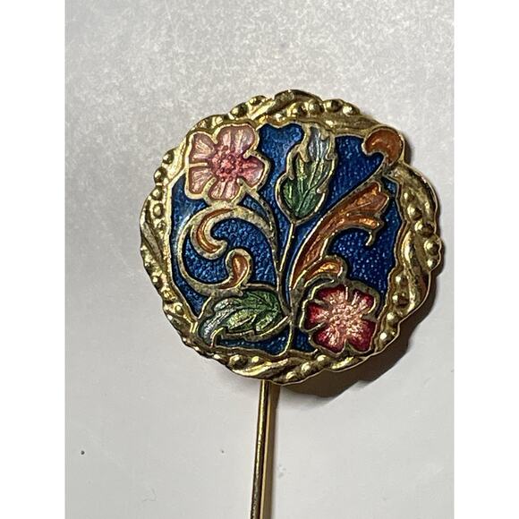 Vintage Cloisonne Enamel Floral Stickpin Stick Pin Gold Tone MCM - Picture 1 of 5